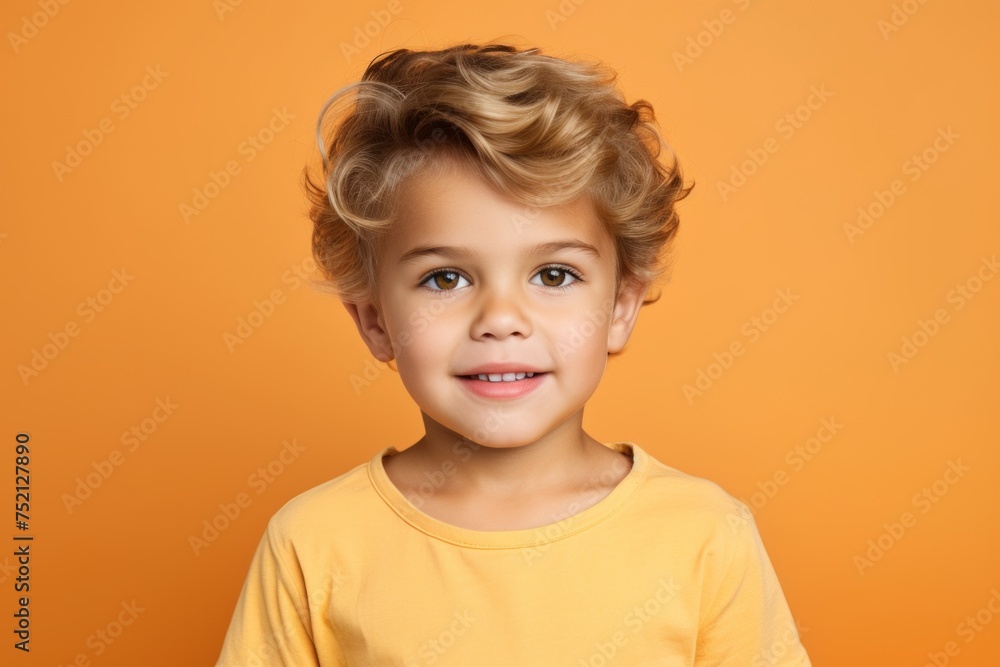 Portrait of a cute little boy with blond curly hair, isolated on orange background Portrait of a cute little boy with blond curly hair, isolated on orange background