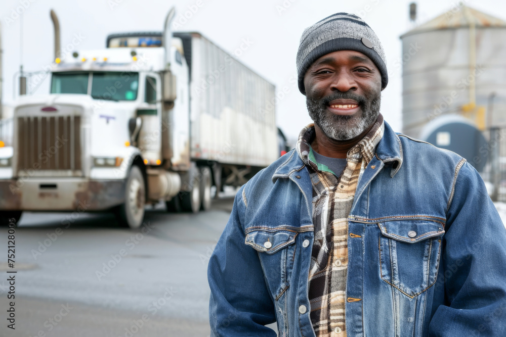 Smiling African American Truck Driver in Front of Semi-Truck