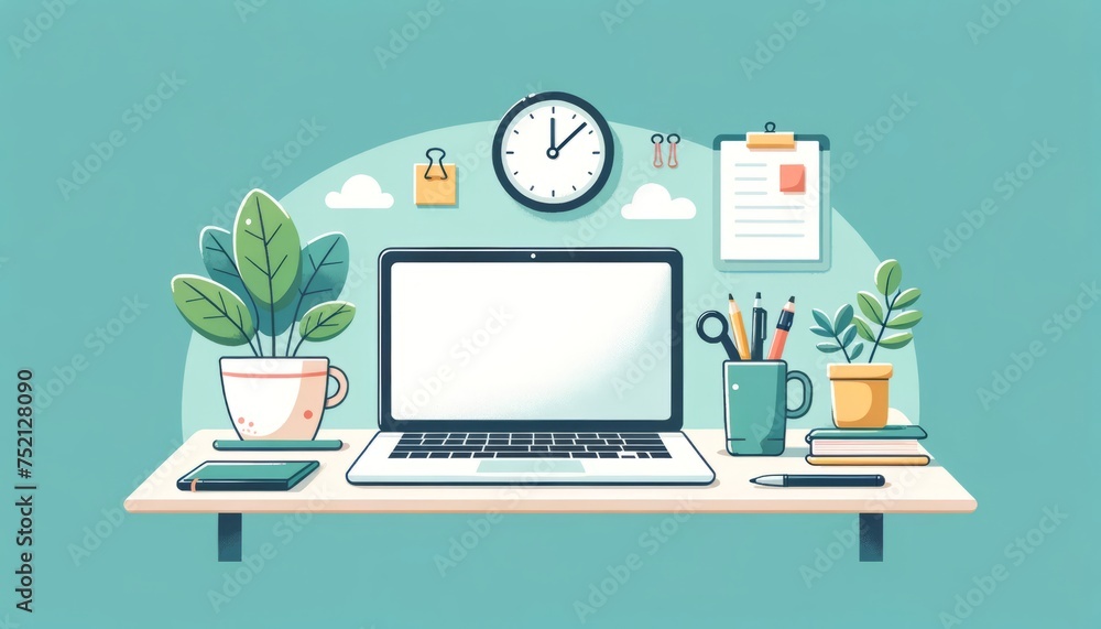 Vector illustration of a well-organized desk with various work items and decorations. Vector illustration of a well-organized desk with various work items and decorations.