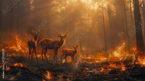 Deer gather before a blazing forest, natural landscape disrupted by fire event photo