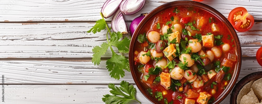 pozole soup on a white wooden background. ai generated pozole soup on a white wooden background. ai generated