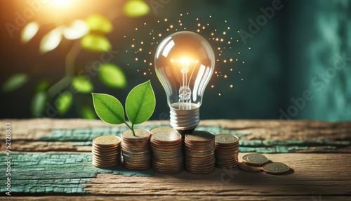Photo of a light bulb with green leaves on coins showcasing eco-friendly energy investments and sustainable growth photo