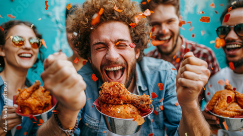 Happy people. Fried chicken ad photo