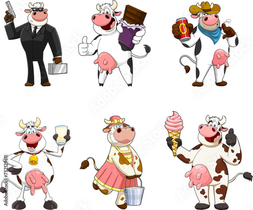 Cow Cartoon Characters. Vector Hand Drawn Collection Set Isolated On White Background 