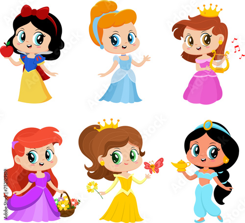 Cute Little Princess Girl Cartoon Characters. Vector Flat Design Collection Set Isolated On Transparent Background