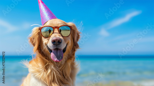Golden Retriever dog wearing sunglasses and party hat on a blue sea and sky background with copy space