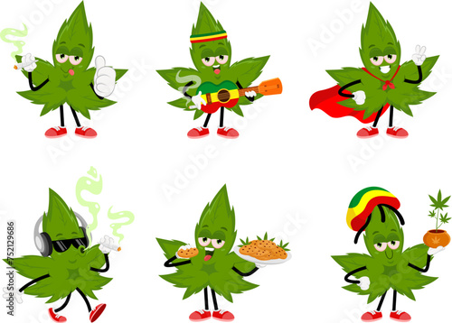 Funny Marijuana Leaf Cartoon Character. Vector Flat Design Collection Set Isolated On Transparent Background