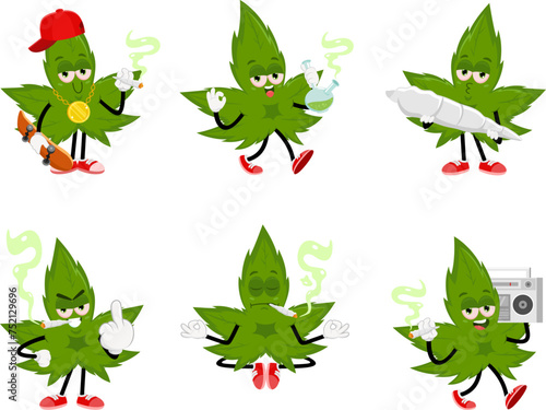 Funny Marijuana Leaf Cartoon Character. Vector Flat Design Collection Set Isolated On Transparent Background