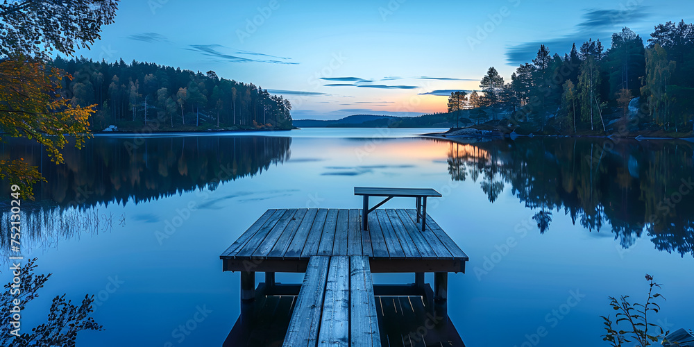 Fototapeta premium one wooden table bench on a wood pier overlooking a lake at sunset, 