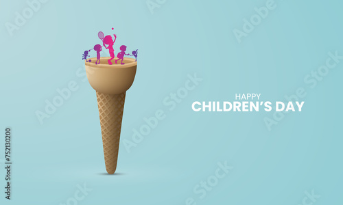 Happy Children's day, childrens day creative, con ice cream with playing child. 