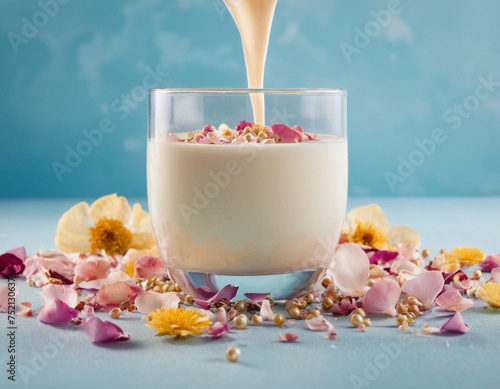 glass of milk and strawberries
blue background. light background. flower petals. dried fruits. cup with milk. cup on a light background. nacre. dessert. romance. cocktail. drink. milkshake.