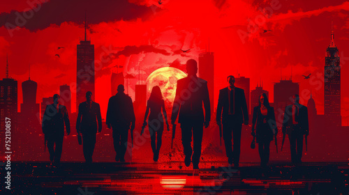 mafia boss man woman tugging battle street city realistic silhouette black grey red group gang team