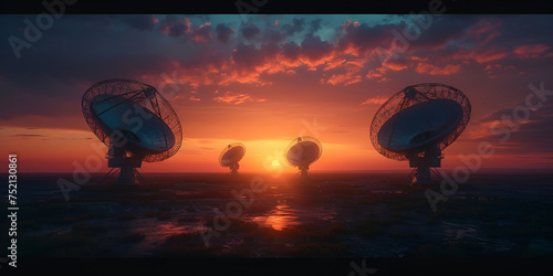 Silhouetted satellite dishes under the starry night over bright sky, observatory equipped with two satellite dishes exploring mysteries of universe,