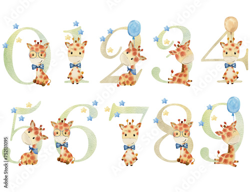 Fototapeta Naklejka Na Ścianę i Meble -  Watercolor numbers with giraffes for invitation card, nursery poster and other.