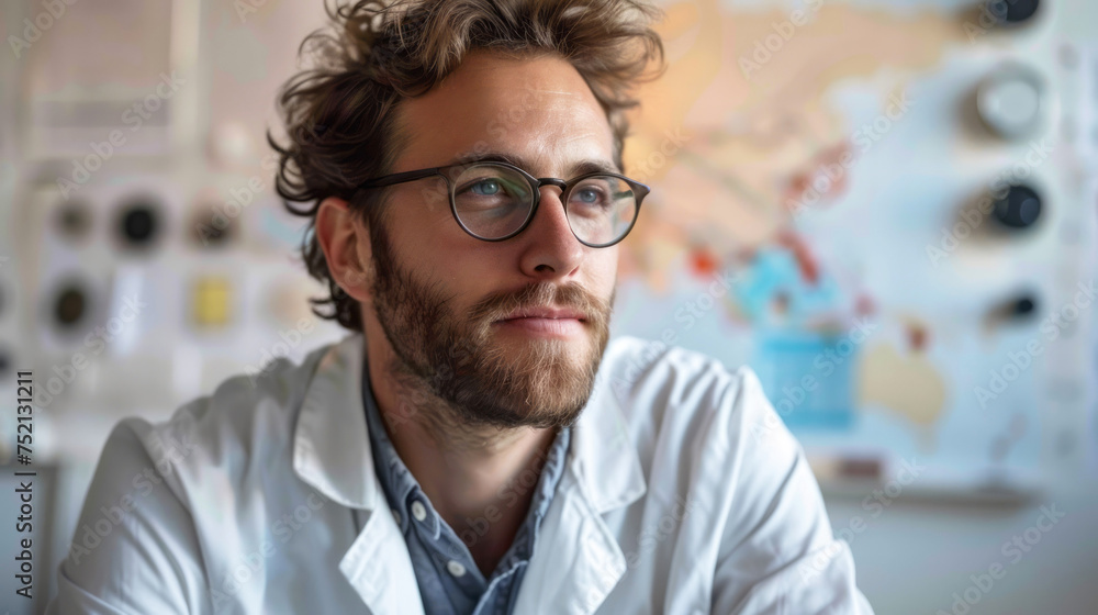 Portrait of Male geophysicist studying seismic activity Portrait of Male geophysicist studying seismic activity