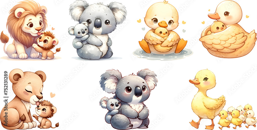 Fototapeta premium Set of watercolor animals love: lion, koala, duck, mom love kid.
