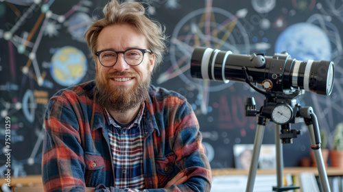 Portrait of Smiling man with a telescope and planetary observation charts