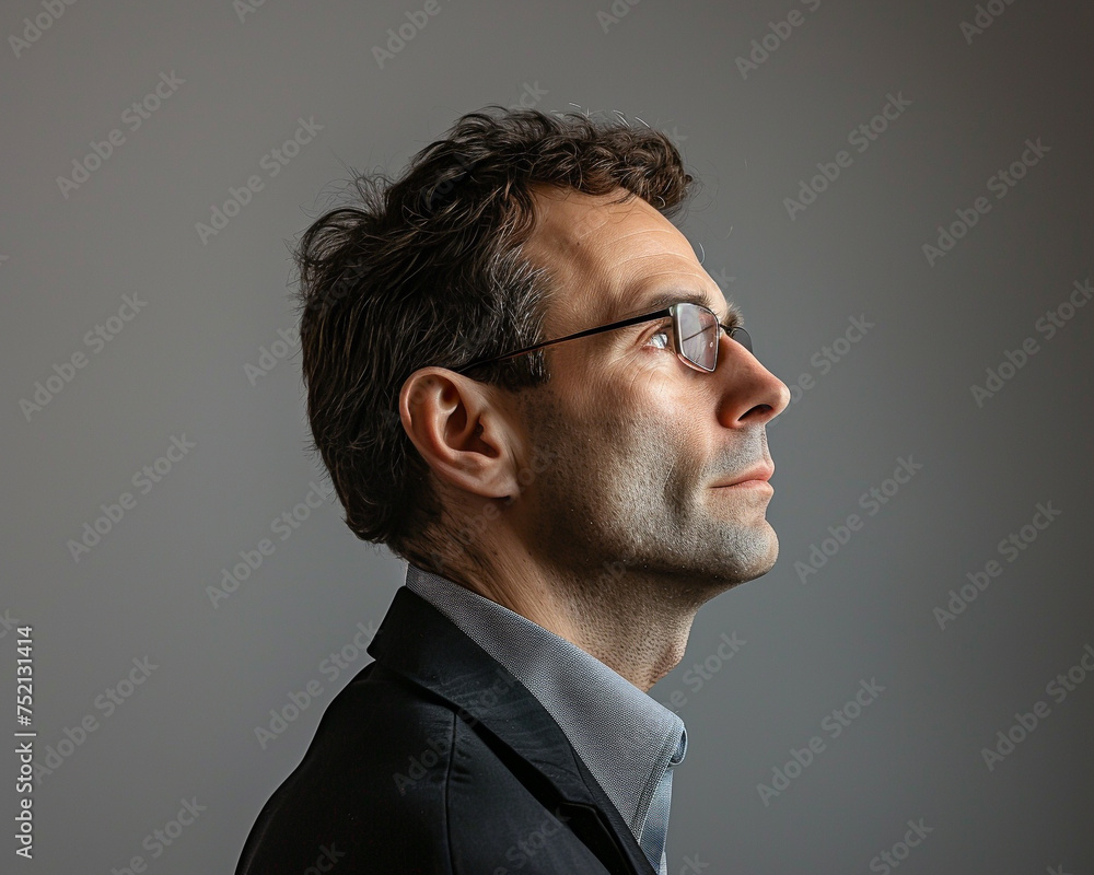 Businessman looking into the distance minimalist style portrait simple gray background wearing a dark suit side lighting emphasizing features Businessman looking into the distance minimalist style portrait simple gray background wearing a dark suit side lighting emphasizing features
