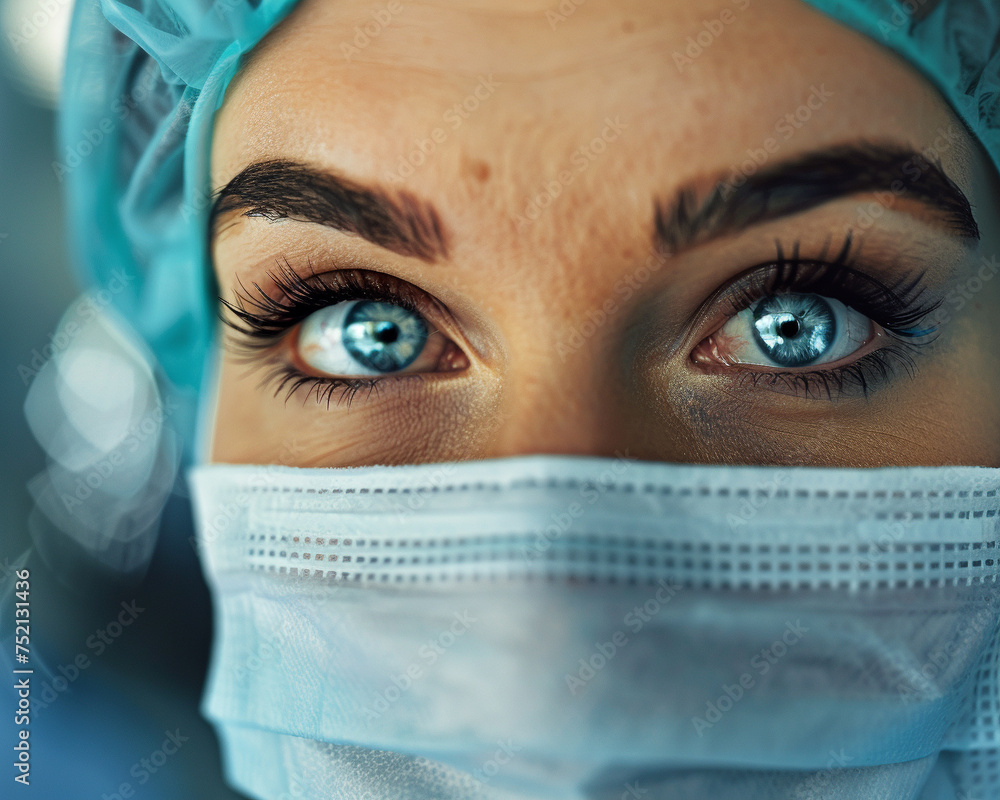 Fototapeta premium Close up of a female doctors face focused and determined wearing surgical mask and cap eyes full of dedication blurred operating room background