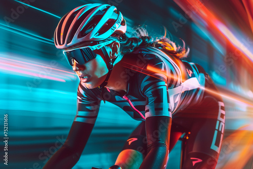 Female cyclist on a racing bike studio shot with dynamic lighting capturing the essence of speed and control sport fashion ensemble thats sleek and provocative photo