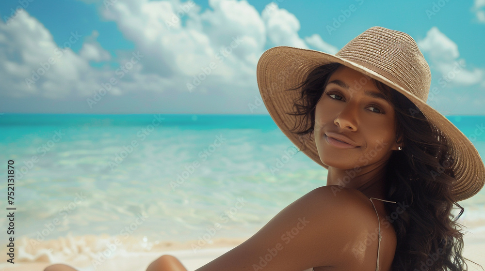 Ultra high definition photo of a beautiful Latina girl lounging on a sunny beach wearing a stylish wide brimmed hat with the crystal clear ocean in the background