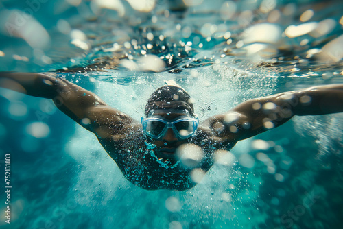 Underwater shot of a Caribbean swimmer in mid stroke bubbles trailing capturing fluid motion and determination