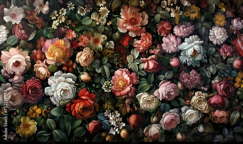 A colorful rococo style wall made of flowers background. Artistic floral painting wallpaper design. Rich color palette.