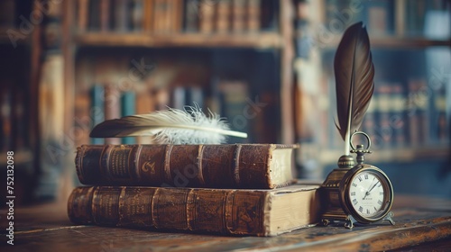 A wooden desk in the ancient office held an antique quill pen, an old book, a clock, and a vintage inkwell. vintage-inspired. conceptual foundation for subjects in literature, education, and history. photo