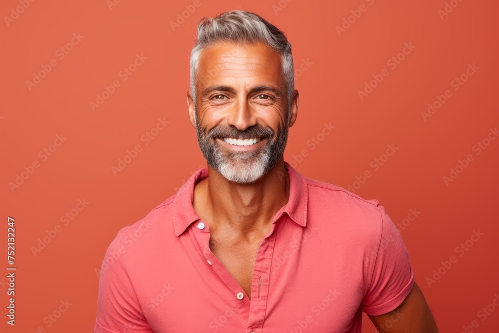 Handsome mature man in casual clothes looking at camera and smiling while standing against orange background Handsome mature man in casual clothes looking at camera and smiling while standing against orange background