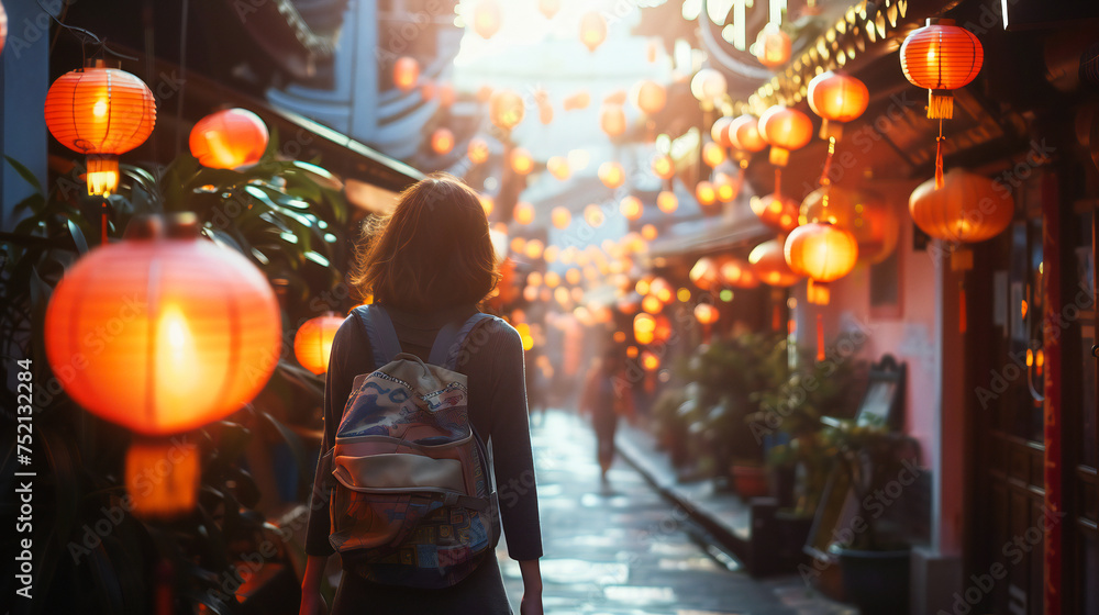 A young woman walking through an asian market surrounded by beautiful lanterns A young woman walking through an asian market surrounded by beautiful lanterns