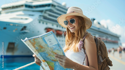 A smiling young woman with a map in front of a large cruise ship