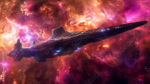A magnificent intergalactic vessel coming out from a colorful nebula