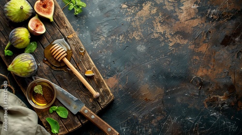Above view of a rustic wooden cutting board with an antique knife, a honey dipper, a half-cut fig, and fresh green figs against a wooden background