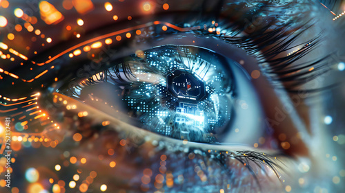 Closeup of an augmented human eye with virtual digital elements