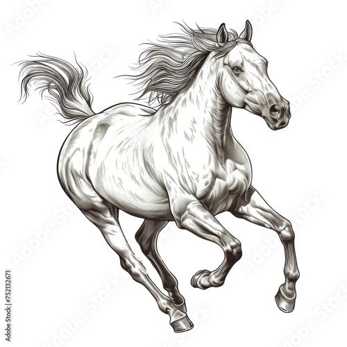 Illustration of a powerful white horse galloping, showcasing detailed musculature and flowing mane.