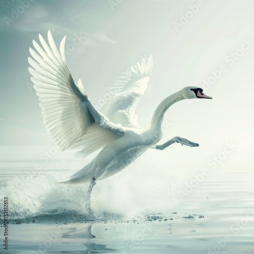 Swan Taking Flight from Calm Water Surface