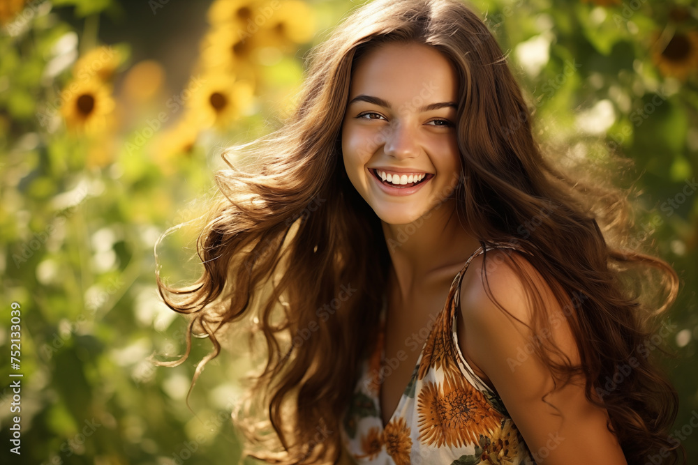 cheerful young girl, long flowing brunette hair, cheerful young girl, long flowing brunette hair,