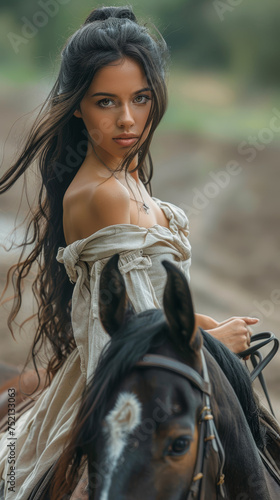 a gorgeous blackhaired girl, riding horse photo