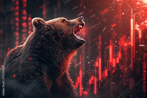 fierce grizzly rears up among falling candlestick charts, capturing the essence of market volatility