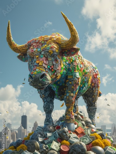 photorealistic 3d bull made of stock tickers and charts stands atop money mountain  symbolizing market success