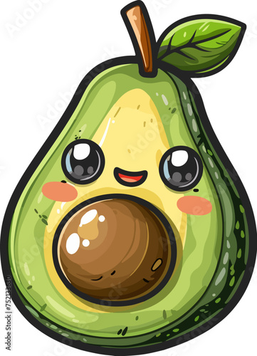 Cute avocado with a smile cartoon illustration isolated on white background