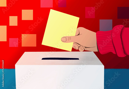 Close up hand of voter placing ballot in ballot box on election day
 photo