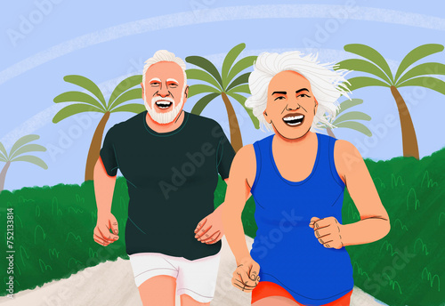 Portrait happy, energetic senior couple jogging in park
 photo
