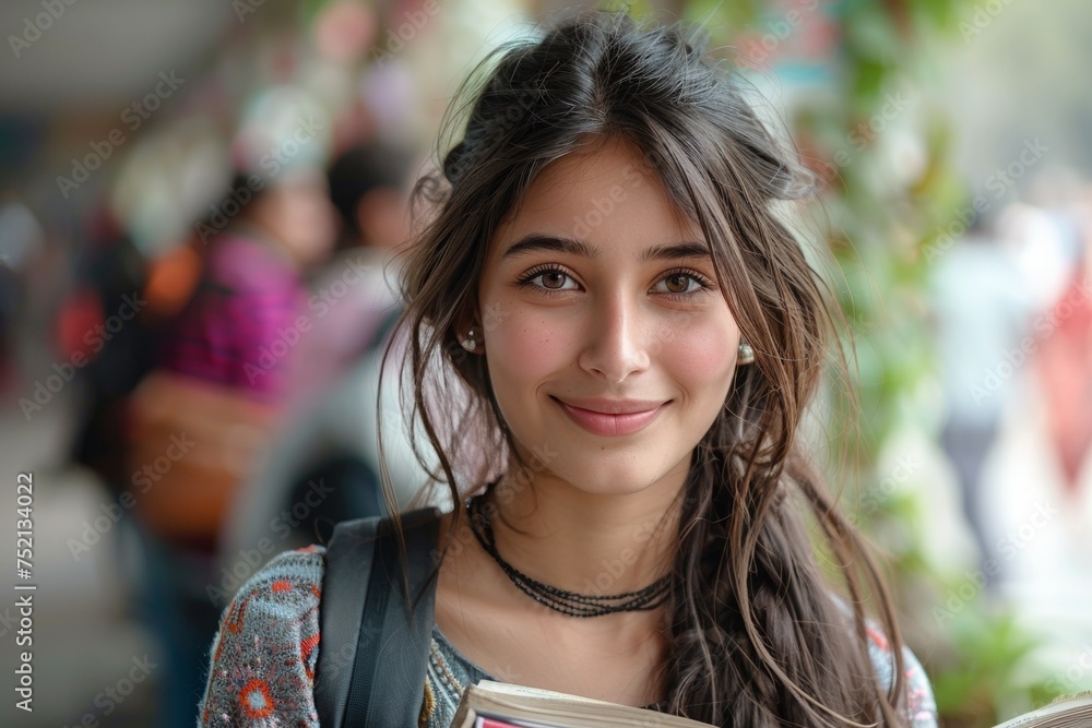A lovely and positive young woman, a college student, holding a book with a cheerful smile. A lovely and positive young woman, a college student, holding a book with a cheerful smile.