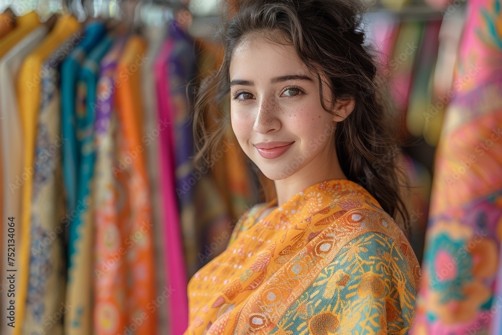 A gorgeous young lady in a traditional saree, exudes joy while shopping in a store.