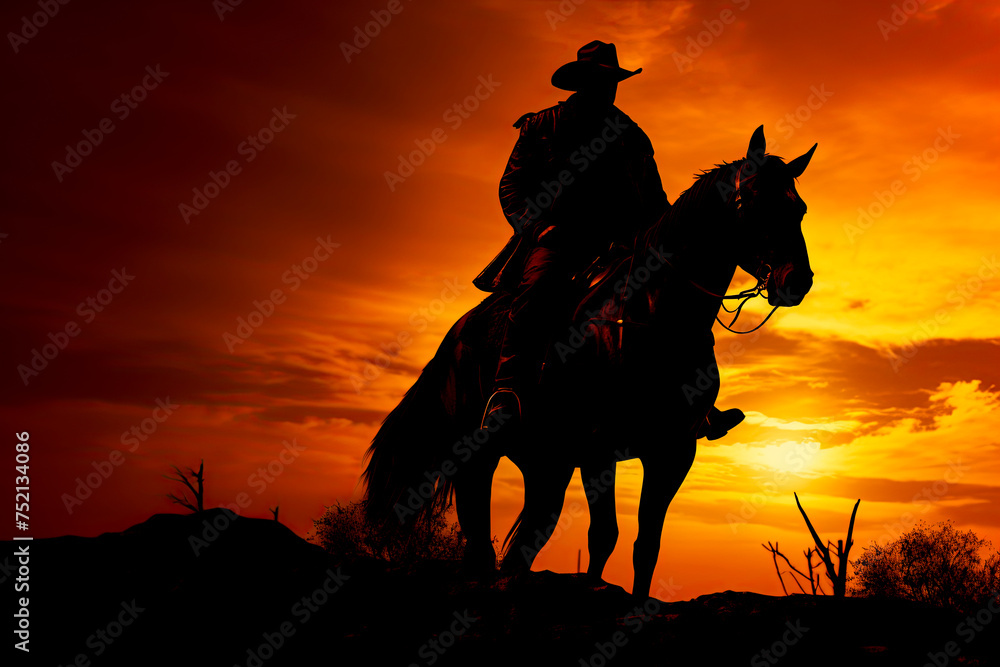 Cowboy riding a horse at sunset. Silhouette style. Ai Generative