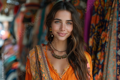 A stylish Arabic woman, adorned in traditional attire, poses in an outdoor market, exuding elegance.