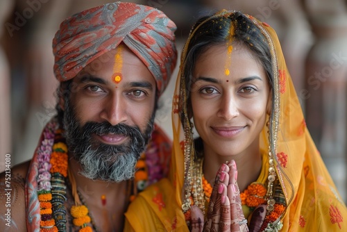 In a religious ceremony in India, a lovely couple in traditional attire smiles, embracing happiness and cultural beauty.