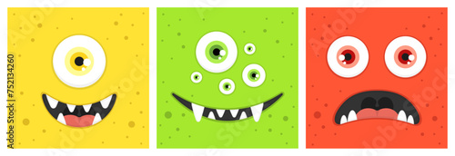 Cartoon monster faces with toothy mouth. Set of square patterns. Vector flat illustration. Character design.