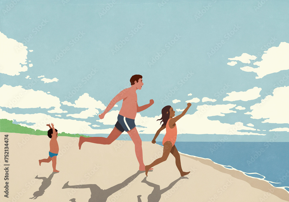 © fStop - Happy, excited father and kids running toward ocean on sunny summer beach © fStop - Happy, excited father and kids running toward ocean on sunny summer beach